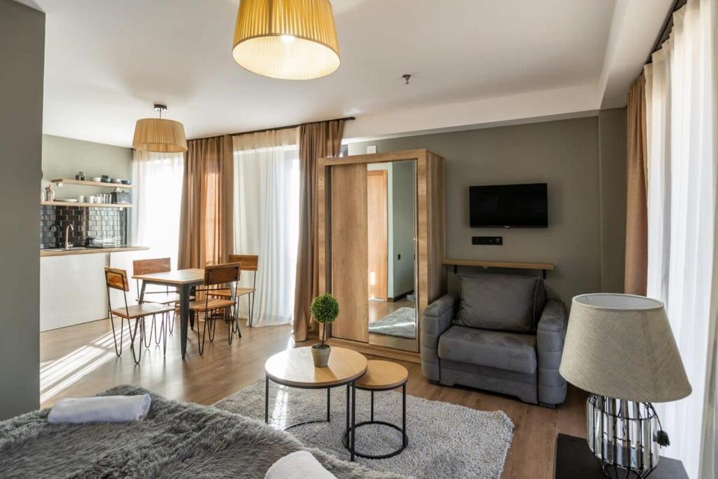 Posezení v ubytování Super Stylish and cozy 2 bedroom 4or6 people Apartment in key location in Marshall Gudauri Project Ski Resort