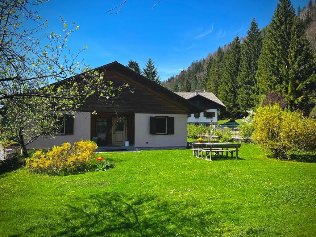 ein Haus mit einem grünen Garten mit einem Picknicktisch in der Unterkunft Lussuoso Chalet in centro a 4 min a piedi dalle piste da sci in Tarvis