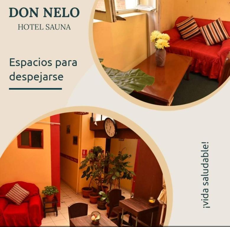 a collage of three pictures of a room at Hotel Don Nelo in La Paz