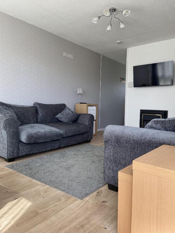 a living room with a couch and a fireplace at Bermuda Chalet - Hemsby in Hemsby