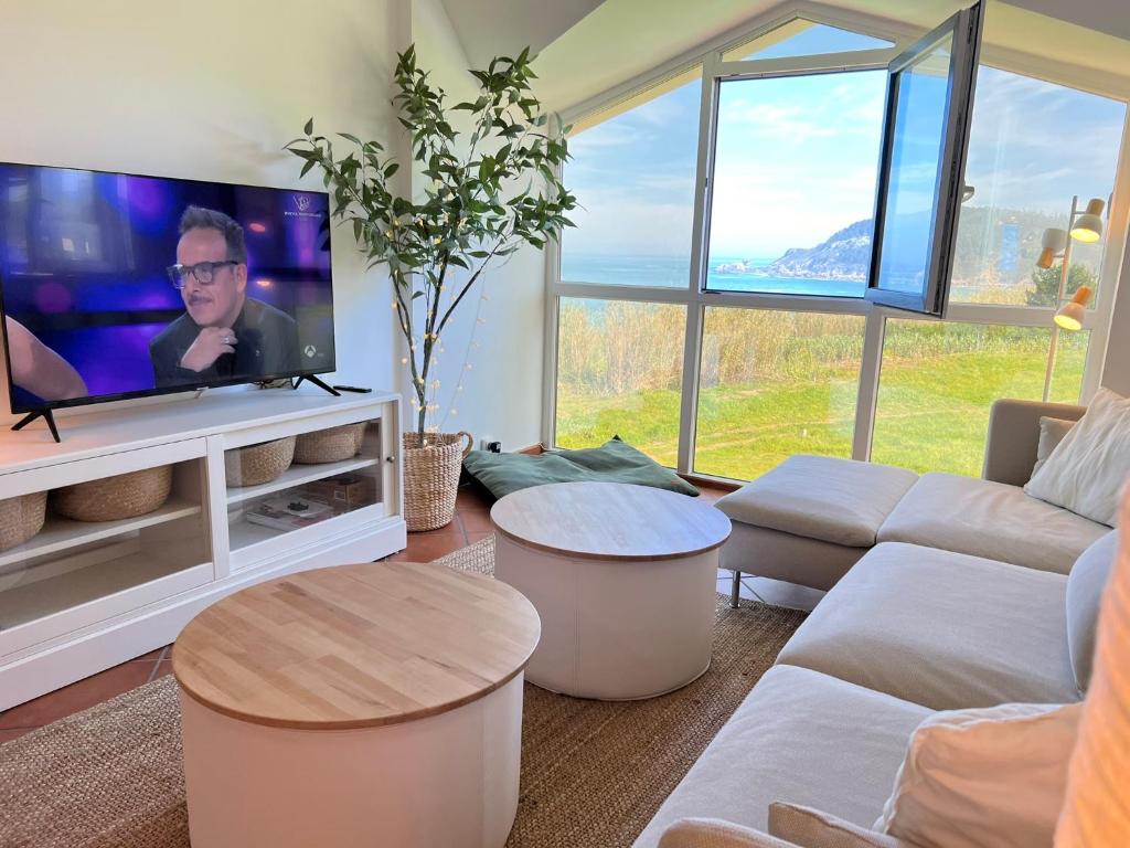 sala de estar con sofá y TV en Apartamento Suite mirando al mar, en Porto de Espasante