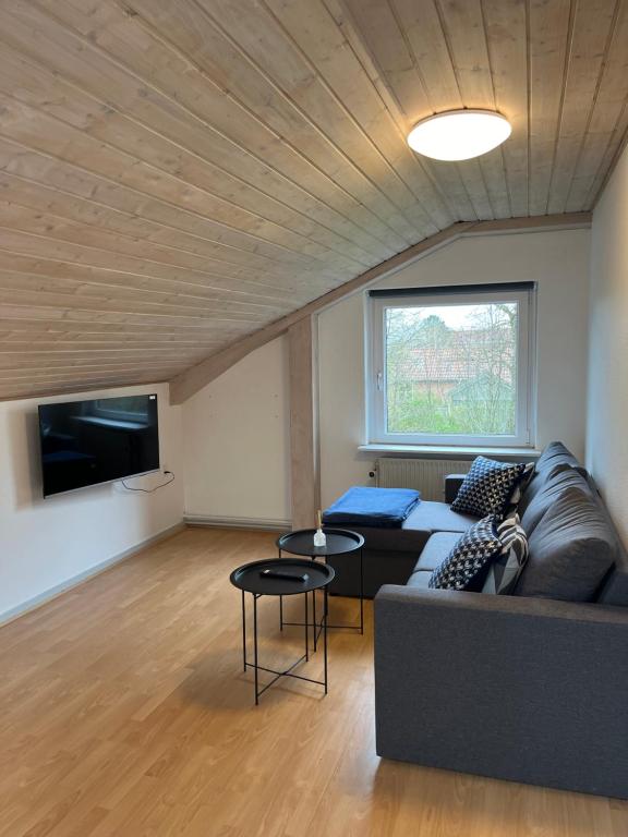a living room with a couch and a tv at Cozy Apartment in Billund in Billund