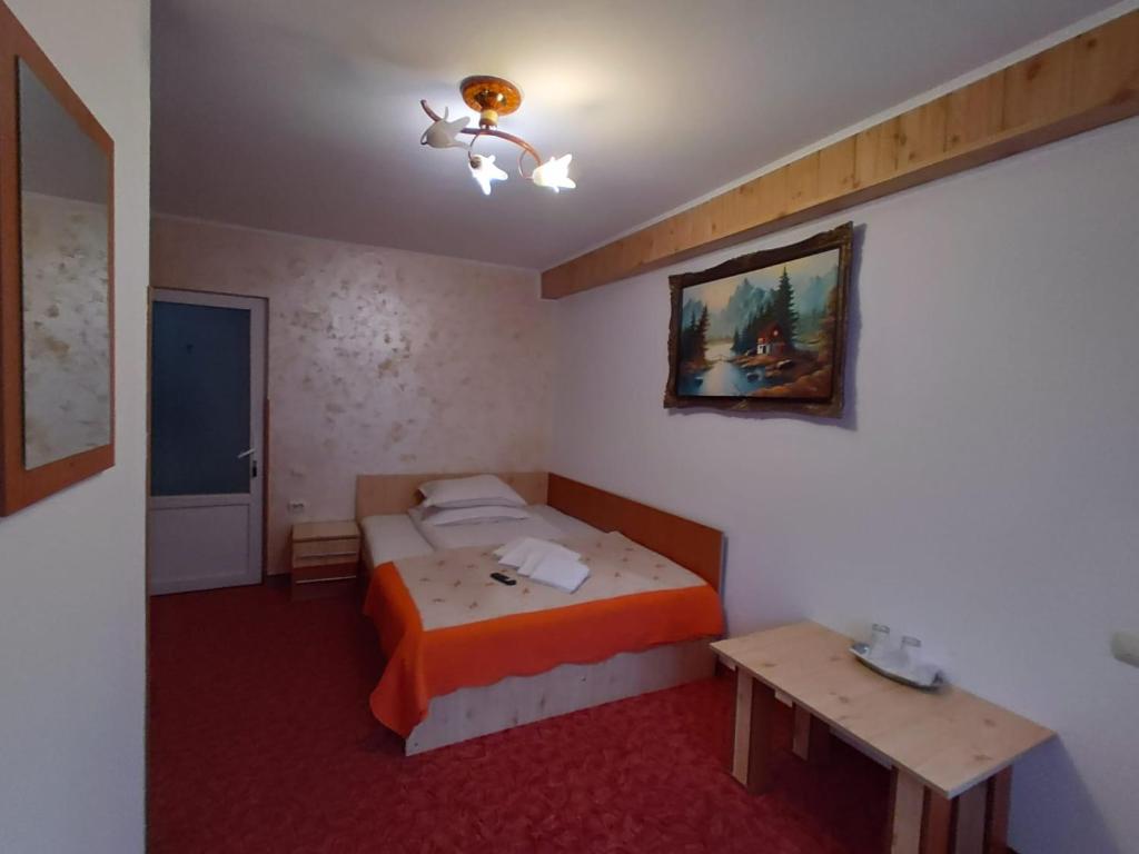 een kleine slaapkamer met een bed en een tafel bij Pensiunea Dana Olteanu in Moieciu de Sus