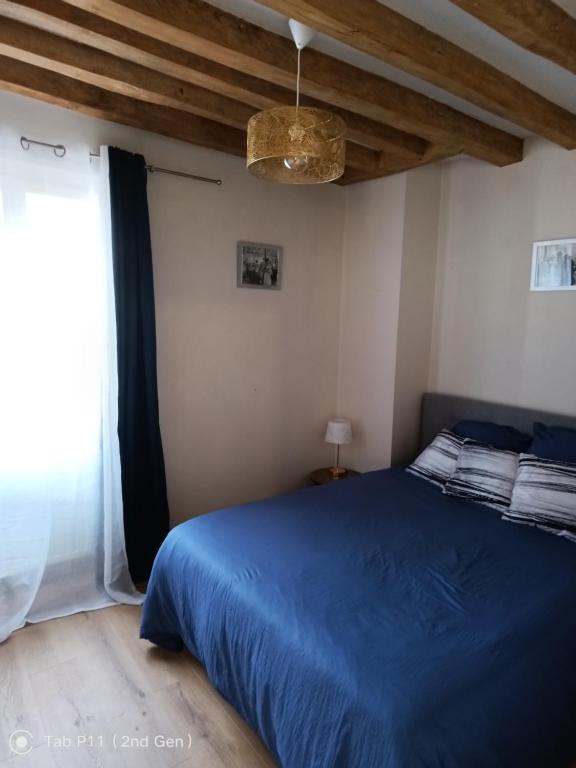 una camera con un letto blu e una finestra di La maison de Clémentine a Héricy