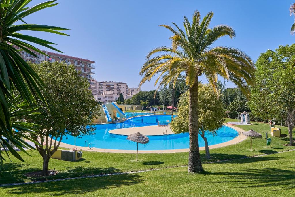 a swimming pool with a palm tree in a park at Gran piscina con toboganes ESTUDIO MINERVA MEDITERRANEAN SEA in Benalmádena