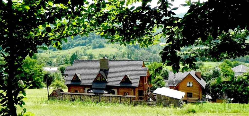 a large wooden house in the middle of a field at Приватна садиба Дикий Мед in Ploskoye