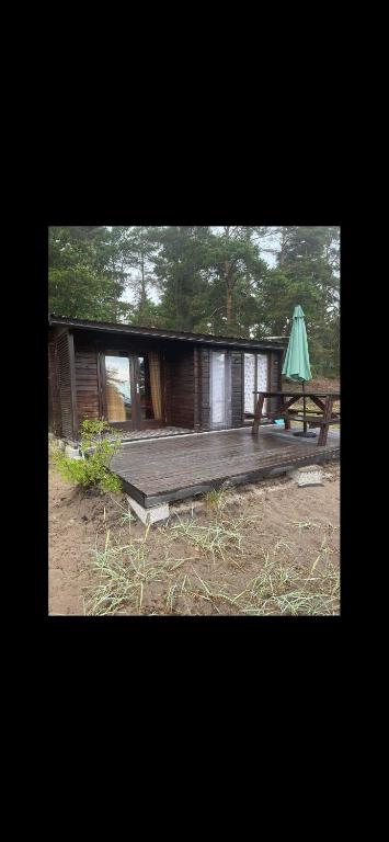 a cabin with a picnic table and an umbrella at Домик на берегу Чудского озера in Katase