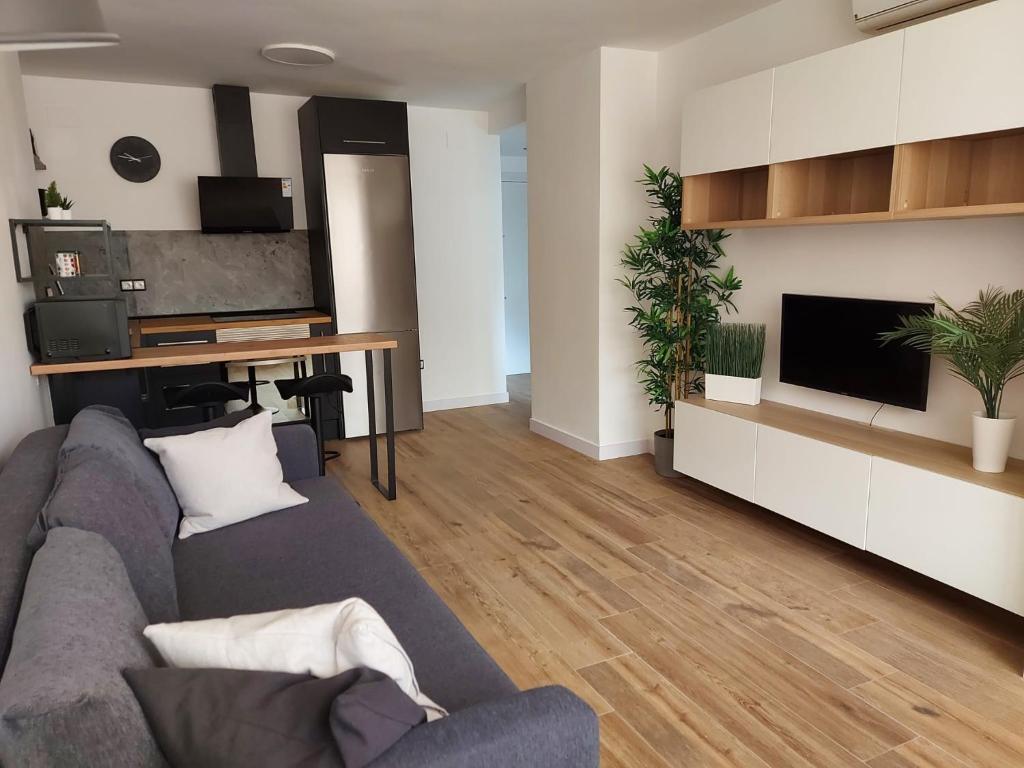 a living room with a couch and a flat screen tv at Benidorm playa poniente in Benidorm
