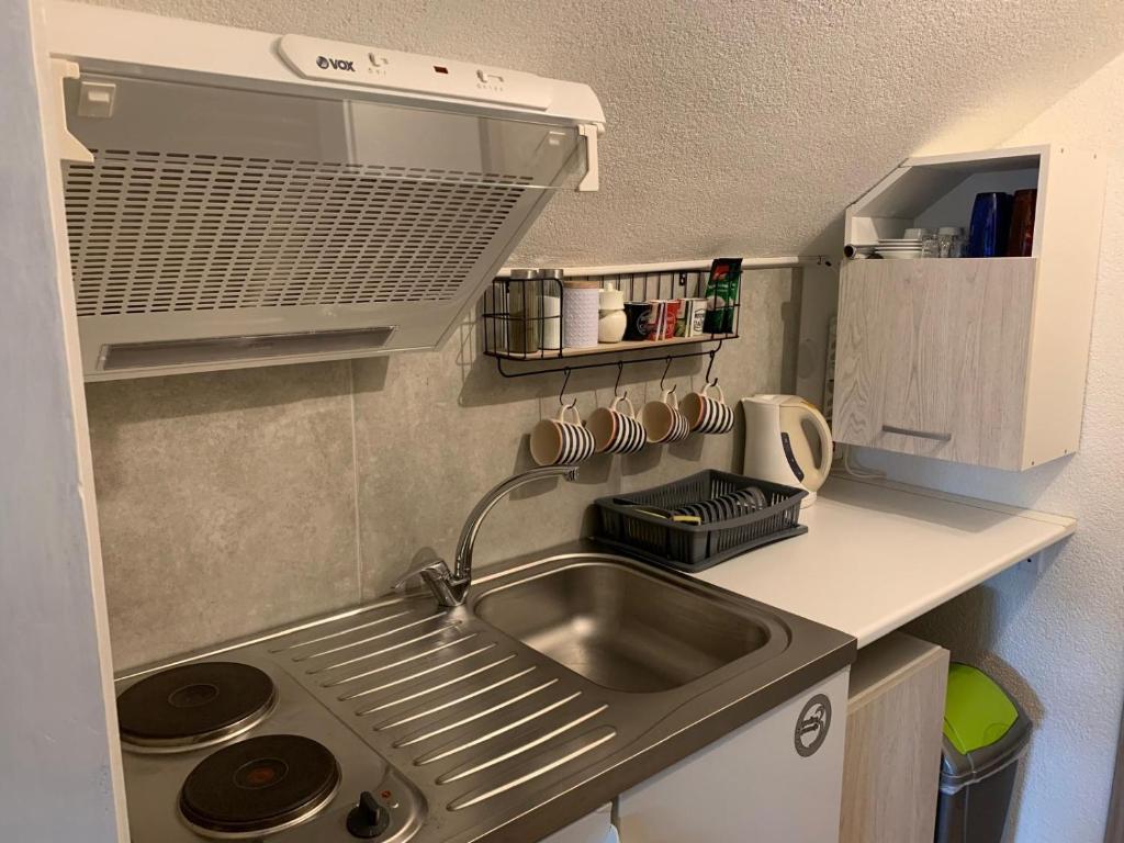 uma pequena cozinha com um lavatório e um micro-ondas em Prenoćište Šimić em Slavonski Brod