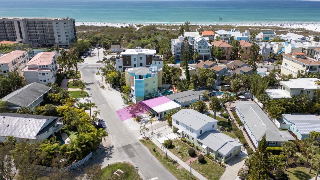 an aerial view of a city with the beach at 100 Steps to beach access - 5 minute walk to the Village - Private Porch in Siesta Key