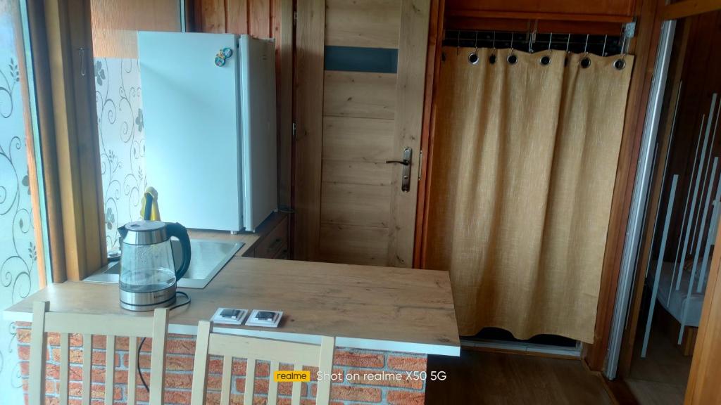 a kitchen with a counter top and a refrigerator at apartament w ogrodzie in Głuchołazy