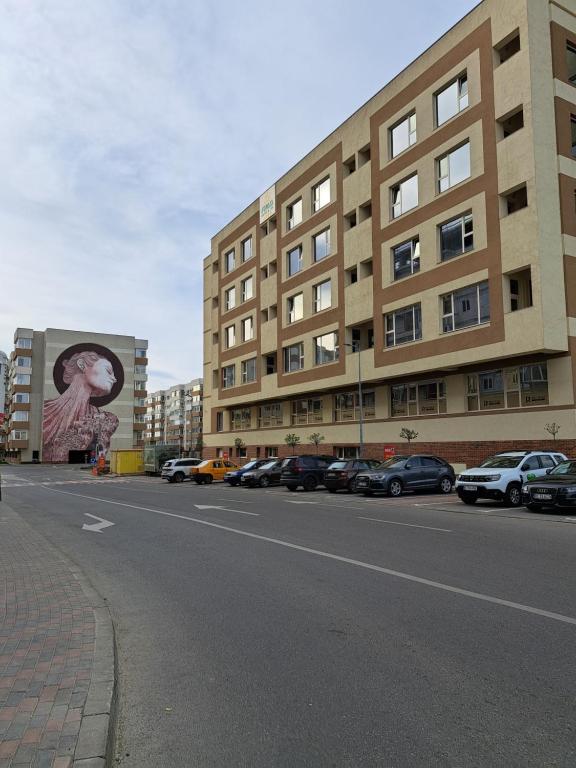 a large building with a large painting on the side of a street at Fiald Apartament Nou in Bacău