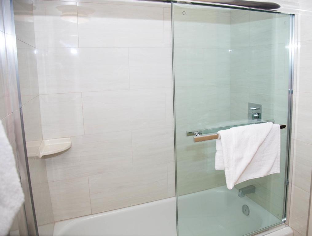 a shower with a glass door and a towel at Twin Pine Inn & Suites in Hinton