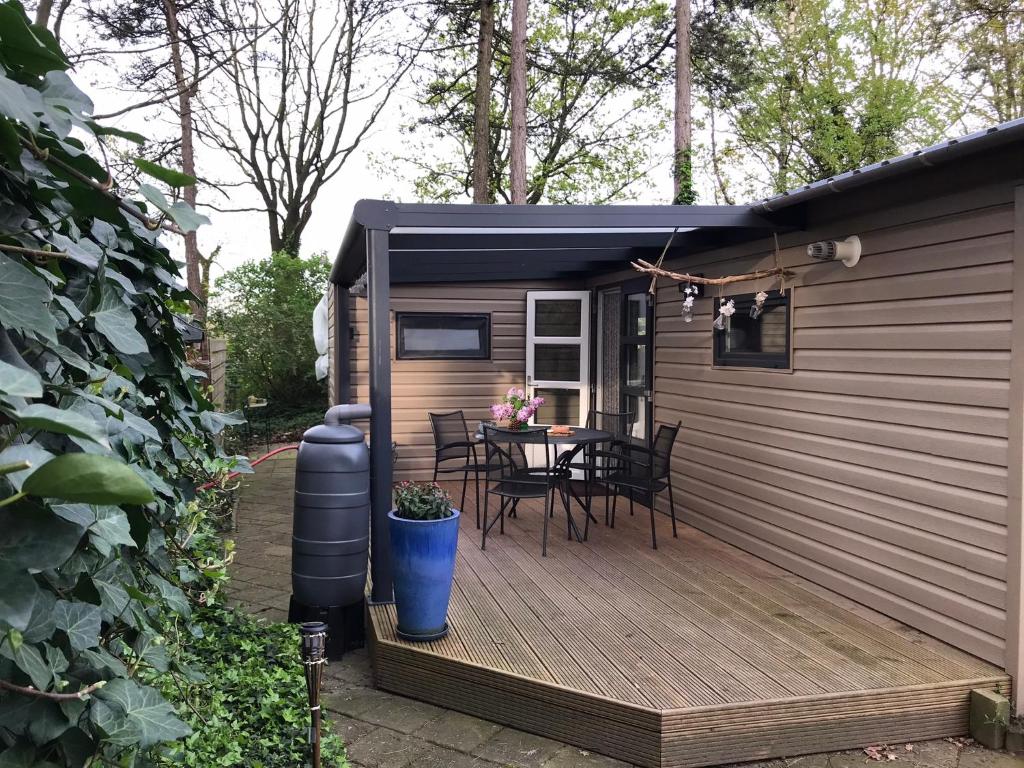 een tiny house met een tafel op een dek bij De Tip 31 Tiny Chalet in Zeeland