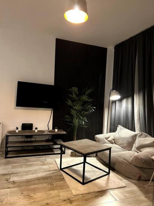 ein Wohnzimmer mit einem Sofa und einem Couchtisch in der Unterkunft High-quality flat near city in Brüssel