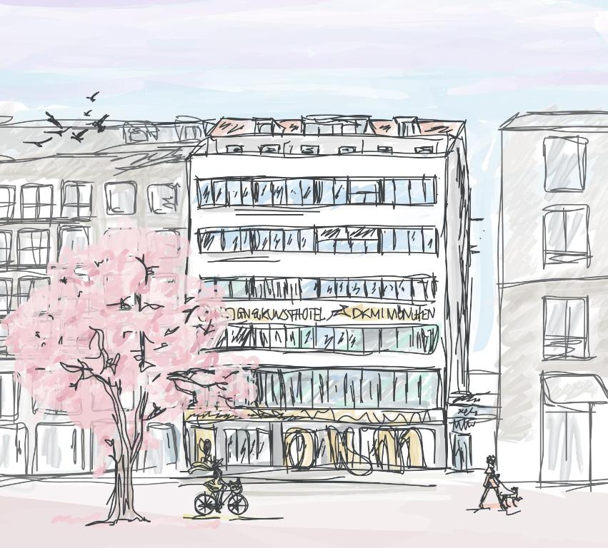 eine Zeichnung eines Gebäudes und eines Baumes in der Unterkunft Design- und Kunsthotel München in München