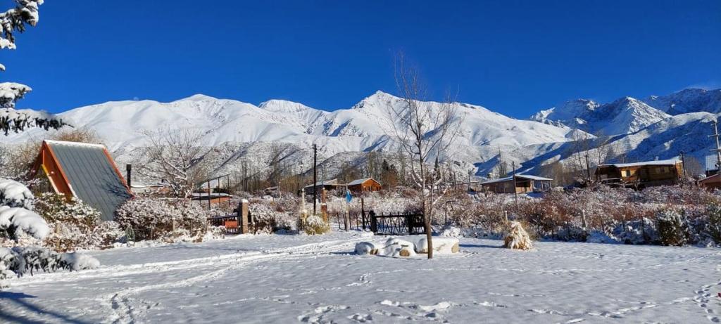 uma aldeia coberta de neve com montanhas ao fundo em Cabaña Oregones del Valle em Mendoza