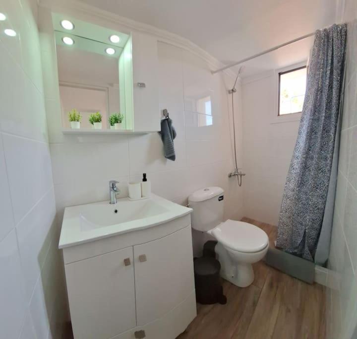 y baño con aseo, lavabo y espejo. en Cosy seaside house at Lagkada Chios, en Lagkáda