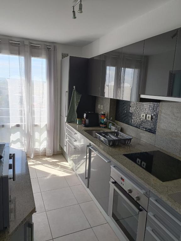 une cuisine avec un évier et un plan de travail dans l'établissement Centre, appartement 6 voyageurs, à Montluçon