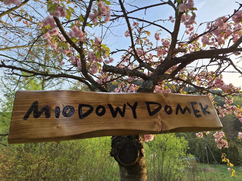 un cartel de madera en un árbol con las palabras anormalmente condenadas en Miodowy Domek, en Kamianna