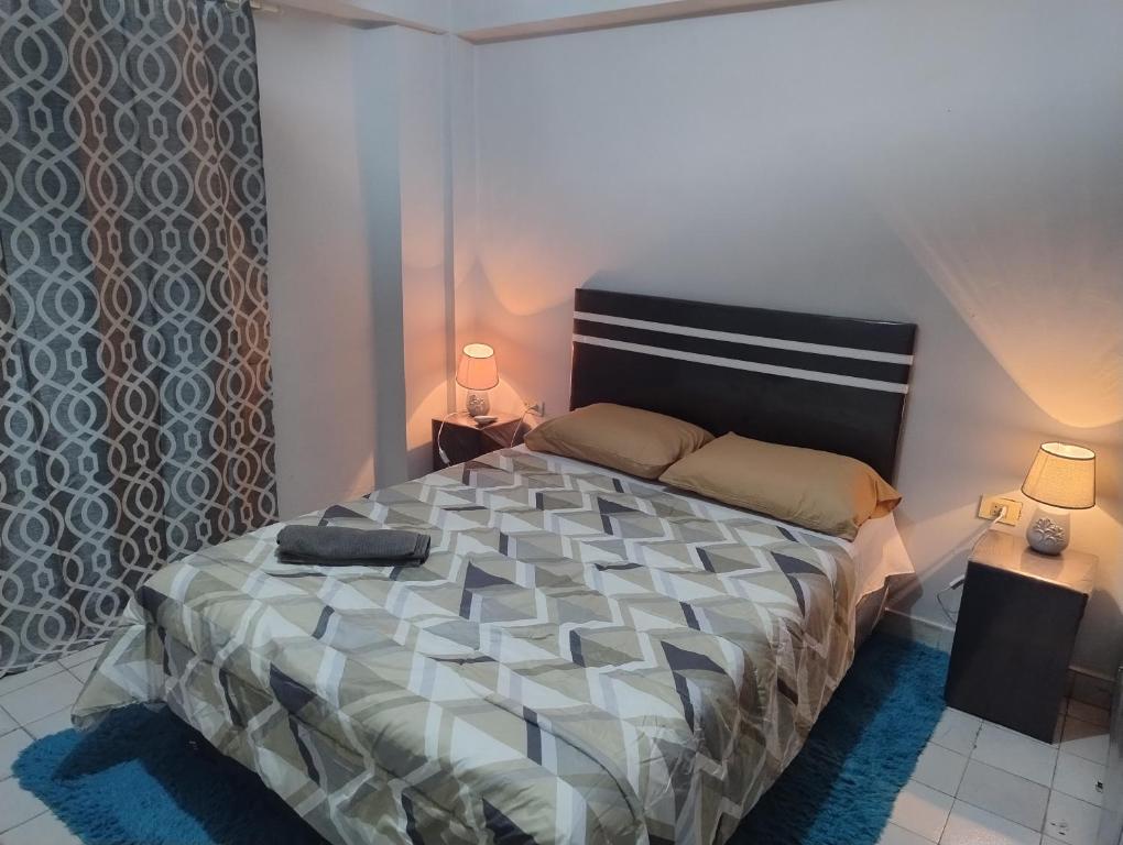 a bedroom with a large bed with two lamps at S&B Apartamento in Asuncion