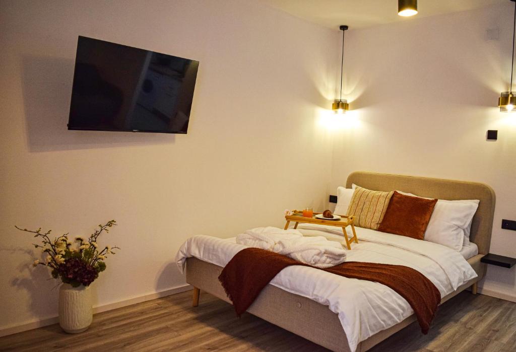 una camera da letto con un letto e una tv a parete di High Tide Apartment a Zara (Zadar)