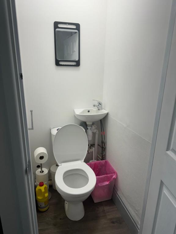 a bathroom with a white toilet and a sink at The Snug in Oundle