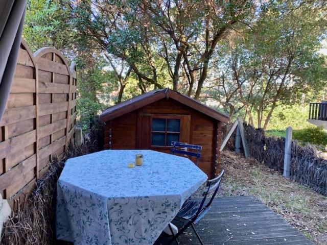 une table devant un petit hangar en bois dans l'établissement Studio avec jardinet Mimizan plage, à Mimizan
