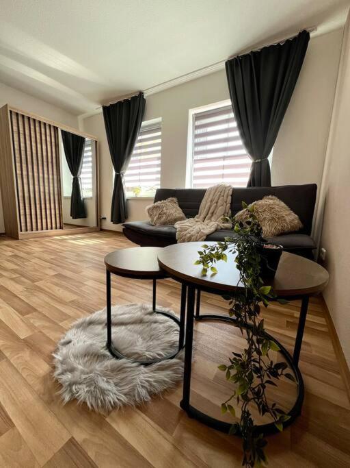 un soggiorno con divano e tavolo di Moderne Wohnung bei BASF a Hörlitz