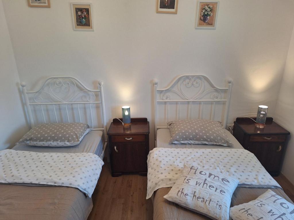 two twin beds sitting next to each other in a room at Villa Malini in Grožnjan