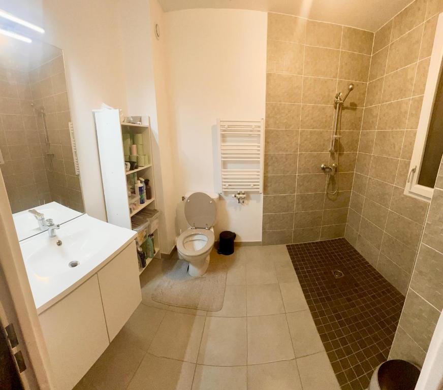 ein Bad mit einem WC, einem Waschbecken und einer Dusche in der Unterkunft Chambre à louer avec salle de bain privative in Carrières-sous-Poissy