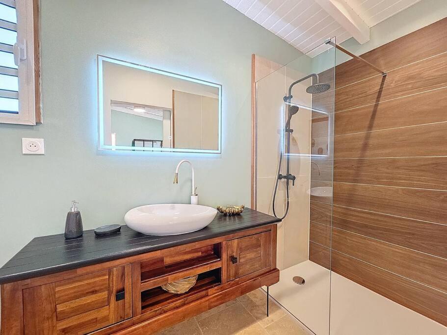 a bathroom with a sink and a glass shower at Villa Rainbow Palm Saint-François, Guadeloupe in Saint-François