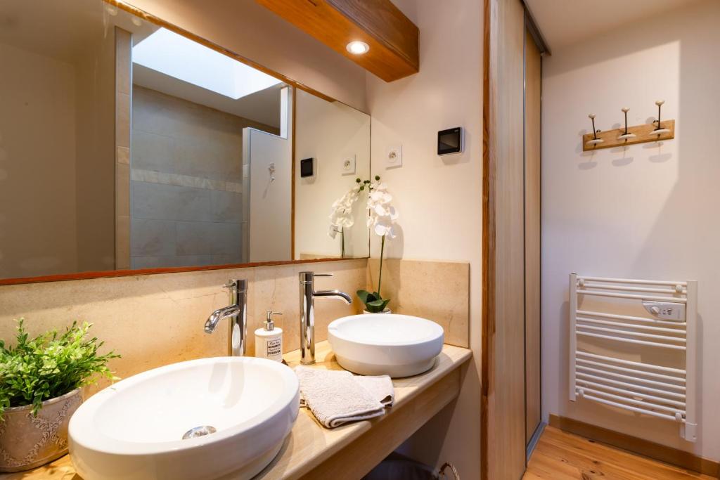a bathroom with a sink and a mirror at l'Oeil de Carcassonne in Caudebronde