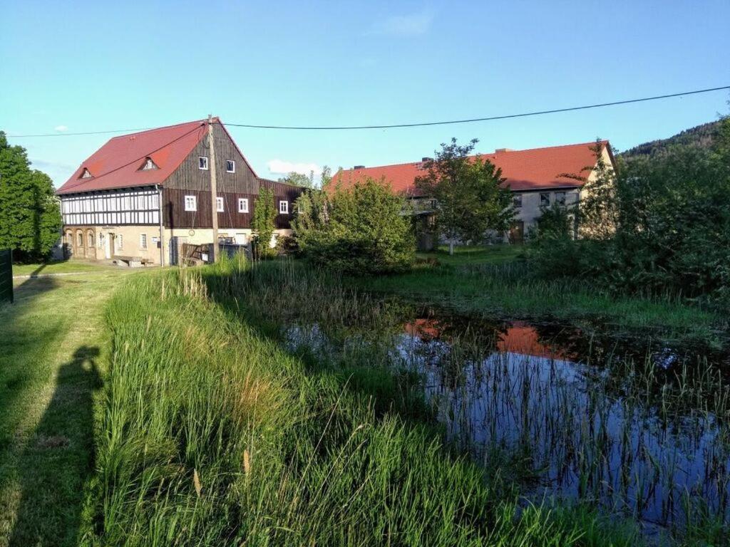 a large building and a pond in front of a house at Saalendorf - Holidays in Saalendorf