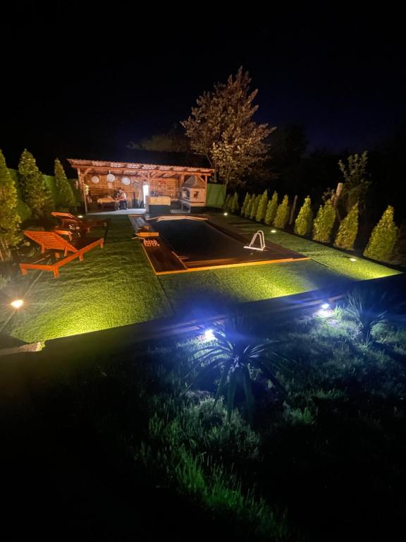 Vikendica Freedom في بوزاريفاتش: حديقة خلفية في الليل مع أضواء على العشب