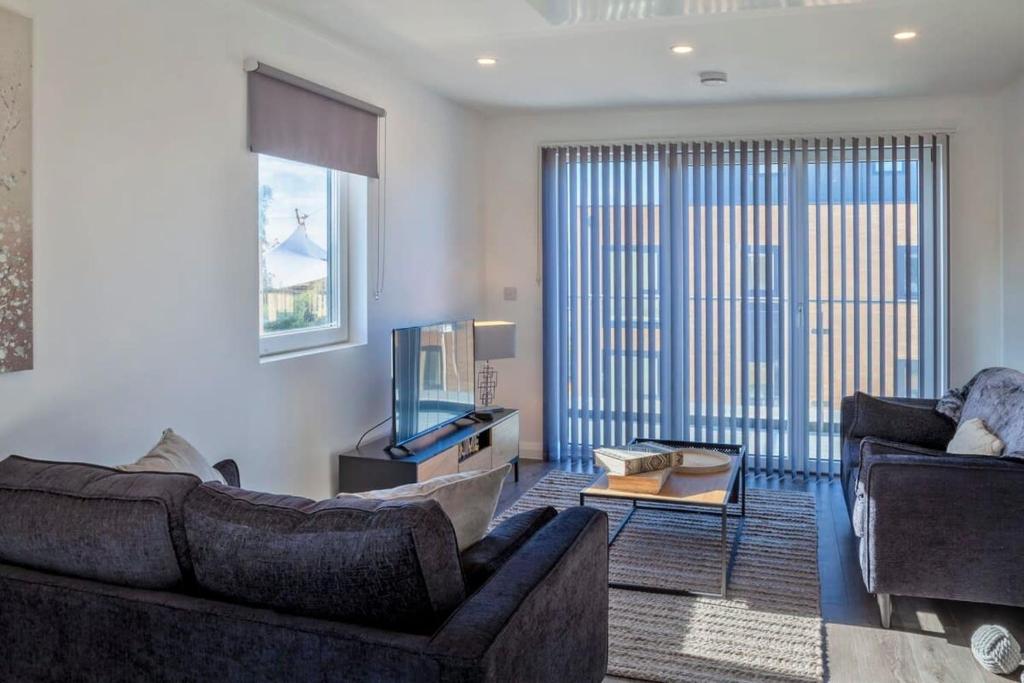 a living room with two couches and a television at Modern 1 Bedroom Apartment in Ashford in Ashford