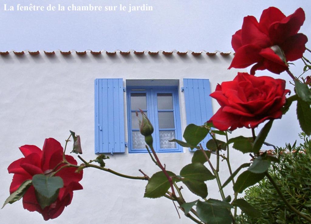 uma janela com rosas vermelhas em frente a um edifício em Maison de vacances à l'Ile d'Yeu - Les Genêts em Ker Pierre Borny