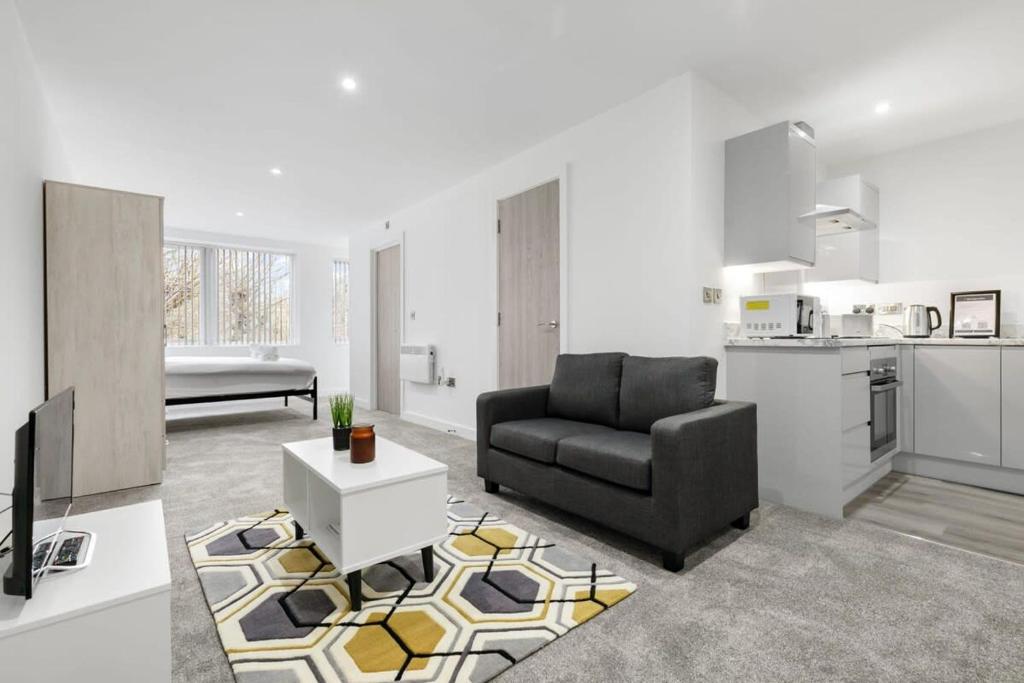 ein Wohnzimmer mit einem Sofa und einer Küche in der Unterkunft Modern Studio Apartment in Central Newbury in Newbury