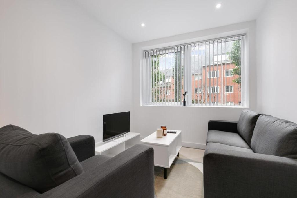 salon z 2 kanapami i telewizorem w obiekcie Modern 2 Bedroom Apartment in Central Newbury w mieście Newbury