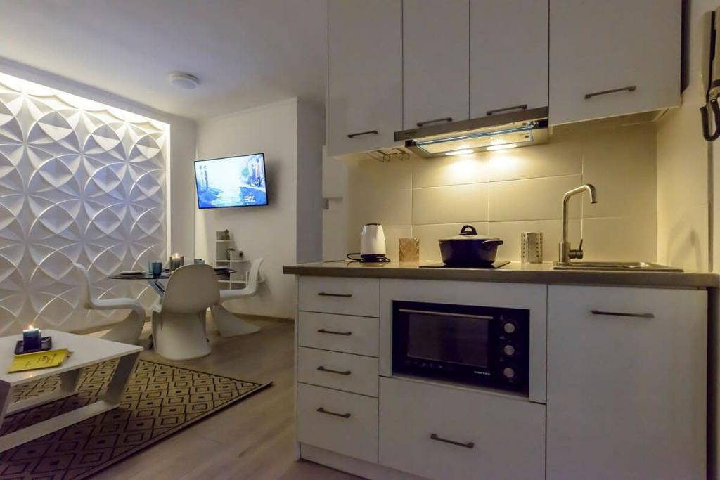 kuchnia ze zlewem i kuchenką górny piekarnik w obiekcie City Skyloft - Top location & Private Roof Garden w Kalamácie