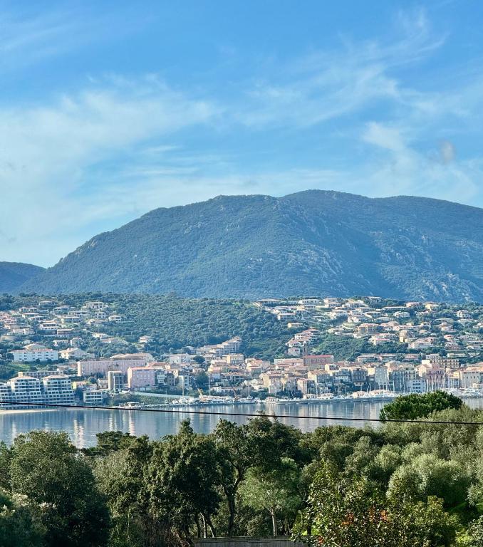Elle offre une vue sur la ville et la montagne. dans l'établissement Appartement à 2 pas de la plage, à Olmeto