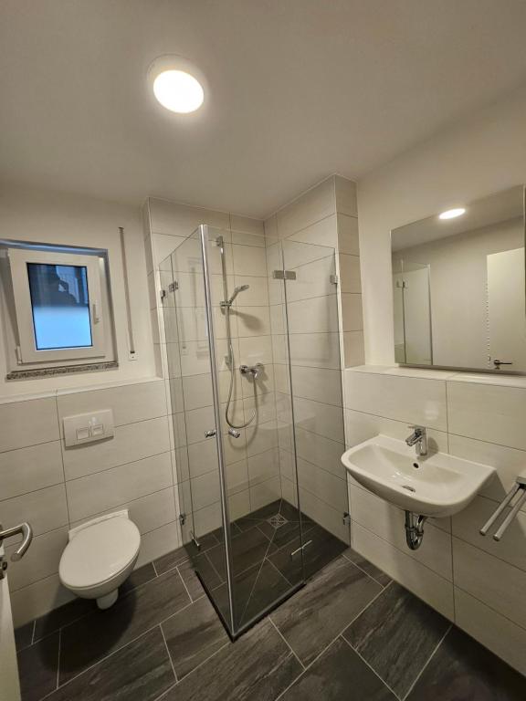 a bathroom with a shower and a toilet and a sink at State of the Art in Nuremberg