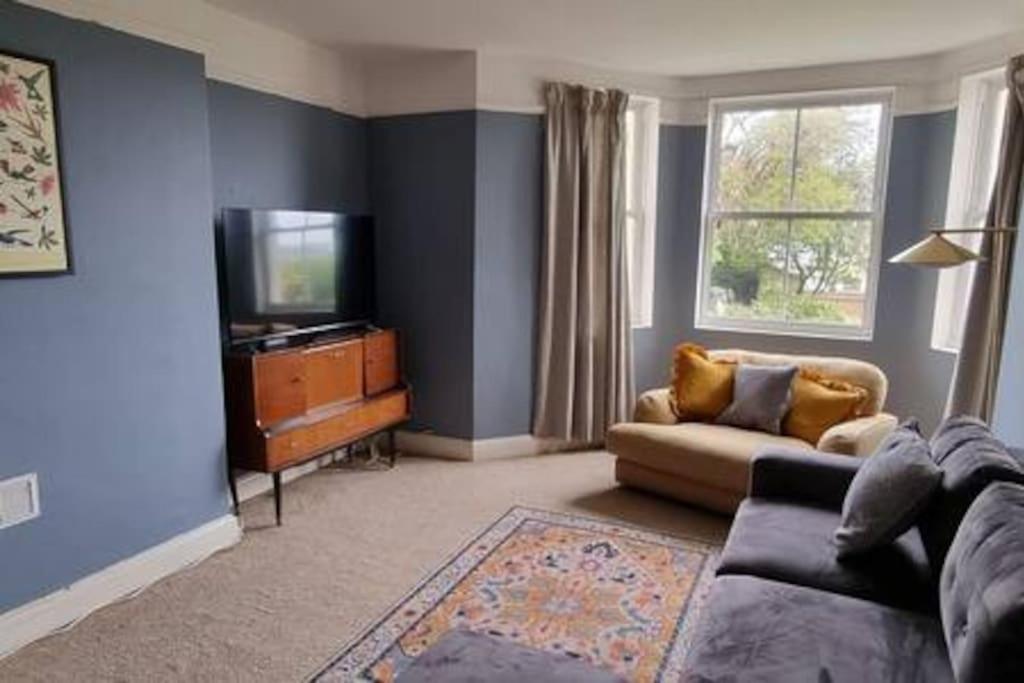 Basement flat in St Leonards في سانت ليوناردز: غرفة معيشة مع أريكة وتلفزيون