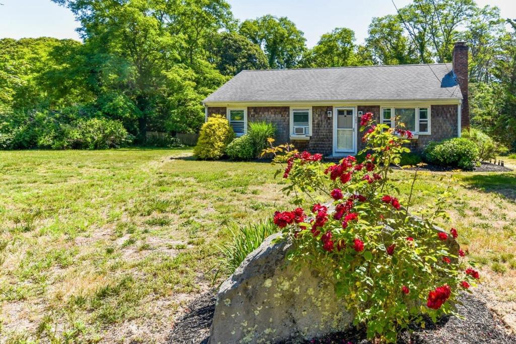 a small house with red flowers in the yard at 14482 - Exceptional Home with Backyard Oasis Close to Great Pond Bay and Ocean Beaches in Eastham