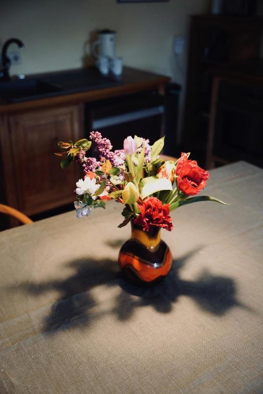 a vase filled with flowers sitting on a table at Apfelhof Biesenbrow in Biesenbrow