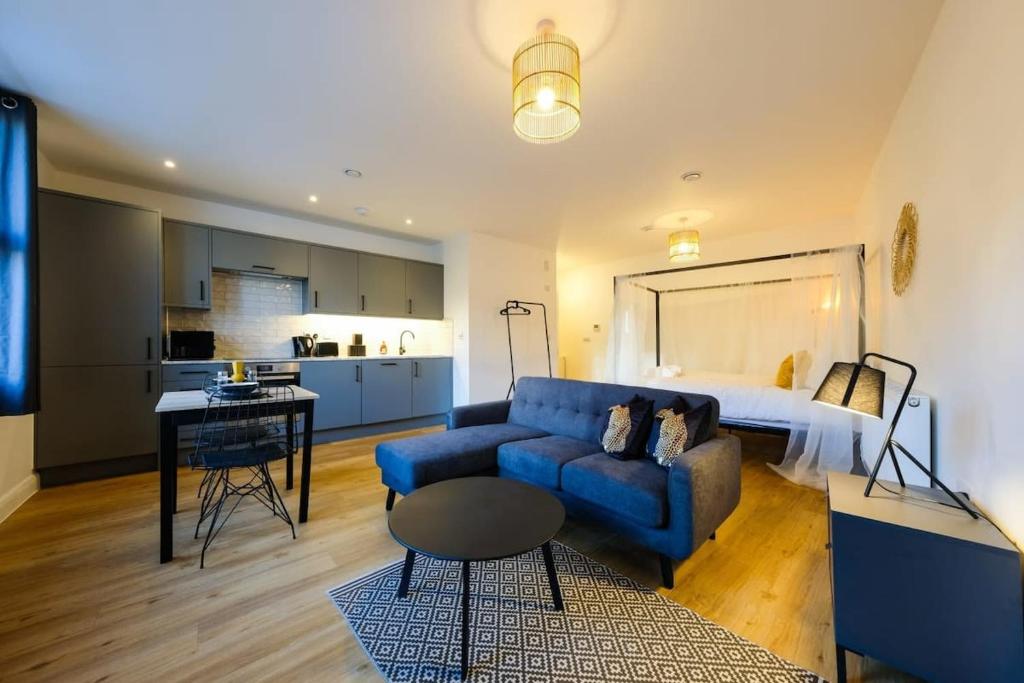 ブリストルにあるHotwells apartments flat 4- Hopewellのリビングルーム(青いソファ、ベッド付)