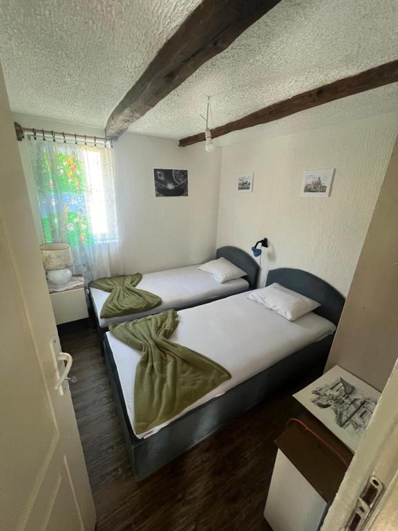 two beds in a small room with a window at Apartman Kuršumlijska banja in Kursumlijska Banja