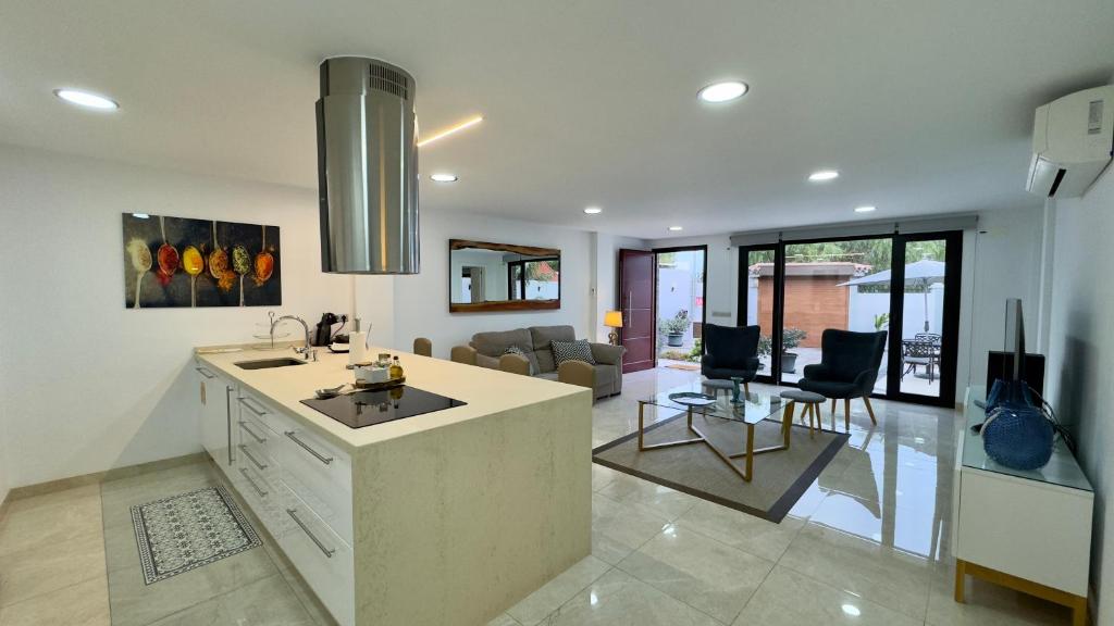 聖克魯斯－德特內里費的住宿－Apartamento Tenerife Vista Bella，厨房以及带水槽和沙发的客厅。