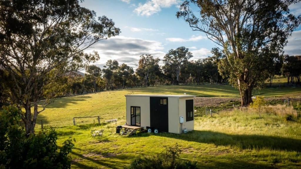 a tiny house in the middle of a field at Sithuri Tiny House in Windeyer