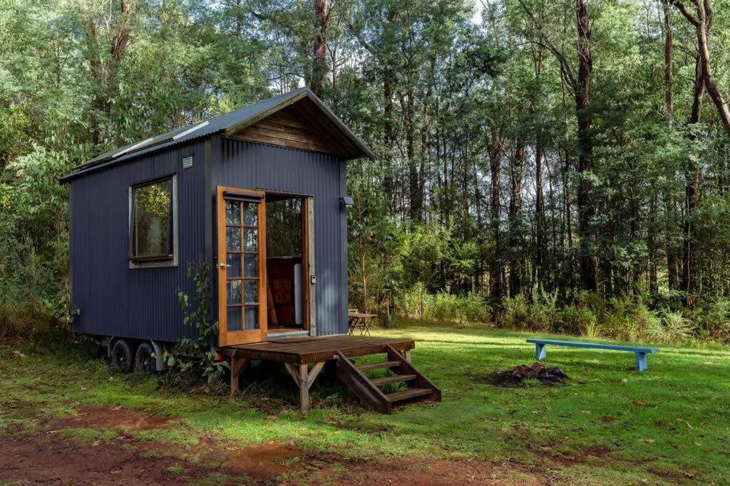 a blue tiny house with a bench and a table at Rendezvous Nexus in Toolangi
